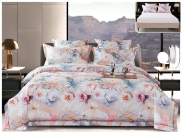 Lenjerie pat satin digital flori | Multicolor pastel | 6 piese | 2 persoane | Cu elastic