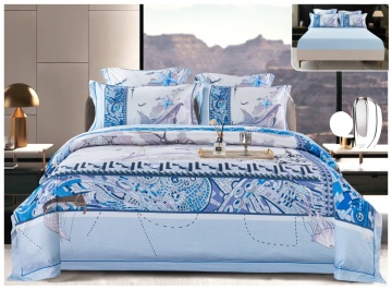 Lenjerie pat satin digital marin grafic | Bleu | 6 piese | 2 persoane | Cu elastic