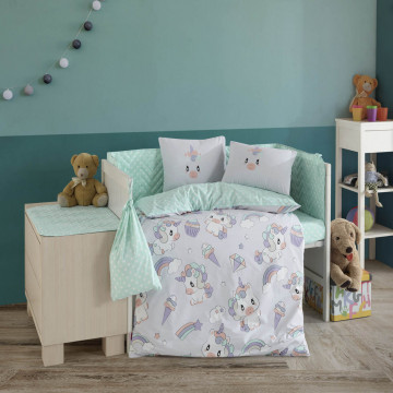 Lenjerie patut bebe, 100% bumbac, tesatura poplin, 4 piese, lila / turquoise, Mila