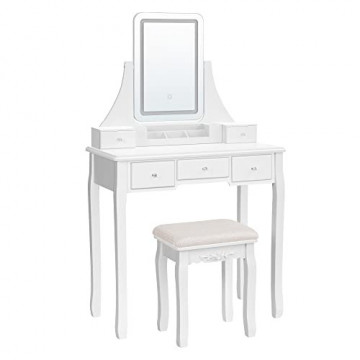 Masa de toaleta cu scaun si oglinda cu iluminare LED, MDF / textil, alb, Songmics - Img 1