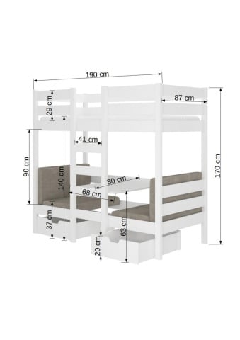 Pat adolescenti, dublu, etajat cu spatiu de lucru si sertare, Bart, ADRK Furniture - Img 11