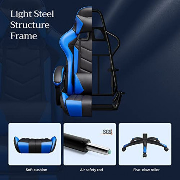 Scaun de gaming ergonomic cu recliner, metal / piele ecologica, negru / albastru, Songmics - Img 5