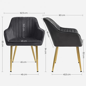 Set 2 scaune dining / bucatarie, 62.5 x 60 x 85 cm, metal / catifea, gri / auriu, Songmics - Img 5