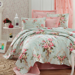 Set cuvertura de pat dubla, EnLora Home, AlanurMint, 4 piese, 100% bumbac, multicolor