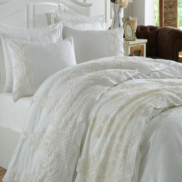 Set cuvertura si lenjerie de pat cu dantela, bumbac 100%, pat 2 persoane, 7 piese, alb, Anna Carina