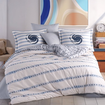 Set lenjerie de pat 4 piese pentru 2 persoane bumbac poplin 100% crem cu bleu | Squall Deniz | Hobby Home