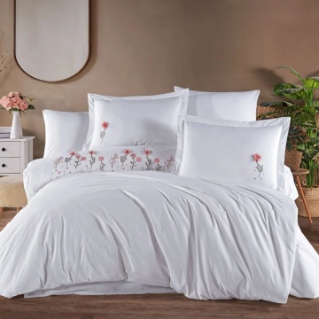 Set lenjerie de pat bumbac poplin 100% Salome | Hobby Home | Alb | Broderie florală | 6 piese | 2 persoane