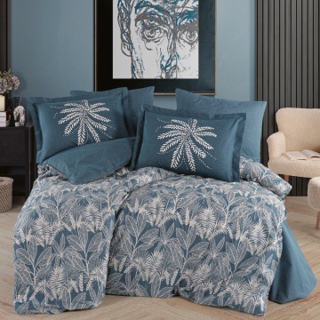 Set lenjerie de pat bumbac poplin 100% Selene | Hobby Home | Bleu petrol | Imprimeu botanic | 4 piese | 2 persoane