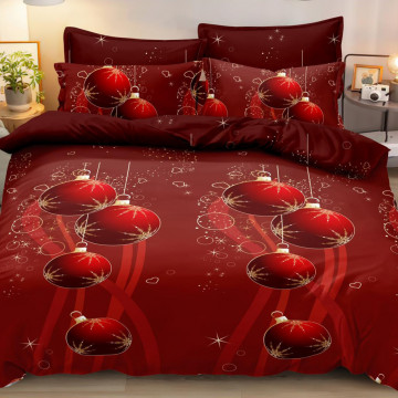 Set lenjerie de pat Mos Craciun, tesatura tip finet, pat 2 persoane, rosu, 6 piese, FNQ-46