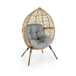 Fotoliu de grădină Oskar – Ratan sintetic, Natural/Gri, 91x55x150 cm, pentru terasă și balcon