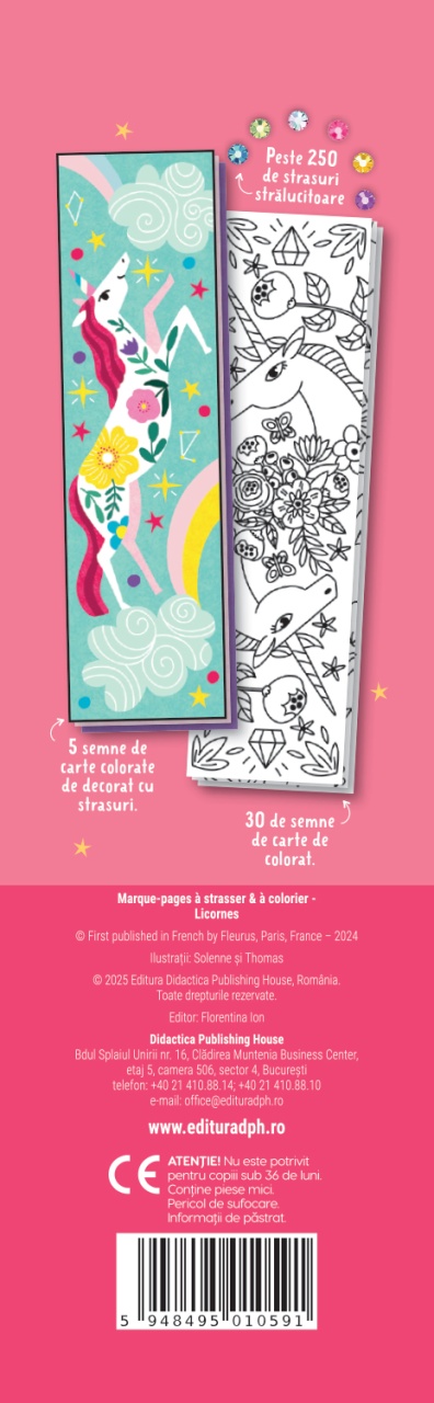 Semne de carte de colorat - Unicorni (cu strasuri) - imagine 2
