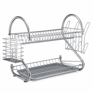 Scurgător Vase Metalic 2 Niveluri cu Tavă de Scurgere, Suport Tacâmuri și Pahare – Organizator Bucătărie Rezistent, Compact și Elegant