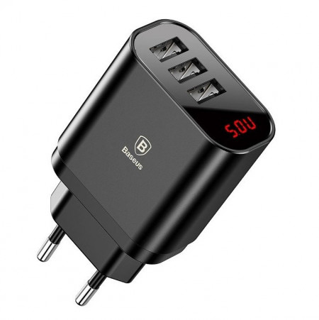 Incarcator Universal Telefon, pentru retea, Baseus Mirror Lake Intelligent Triplu USB, Black