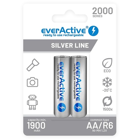 Set 2 baterii reincarcabile EverActive AA/R6, 2000mAh, Silver line, Preincarcate