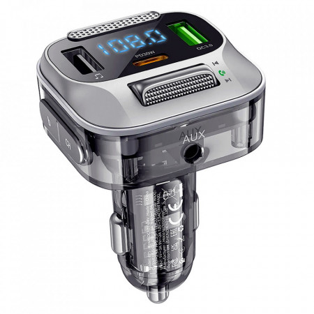 Modulator FM Bluetooth Hoco E75 Transparent, incarcator auto Type-C PD30W + 2 x USB, AUX Audio