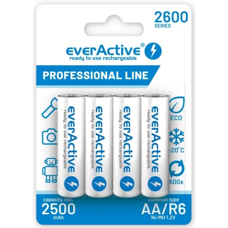 Set 4 baterii reincarcabile EverActive AA/R6, 2500mAh, Profesional line, Preincarcate