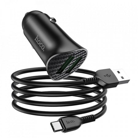 Incarcator auto Hoco Z39 2 x USB QC3.0 18W + Cablu USB type C, Black