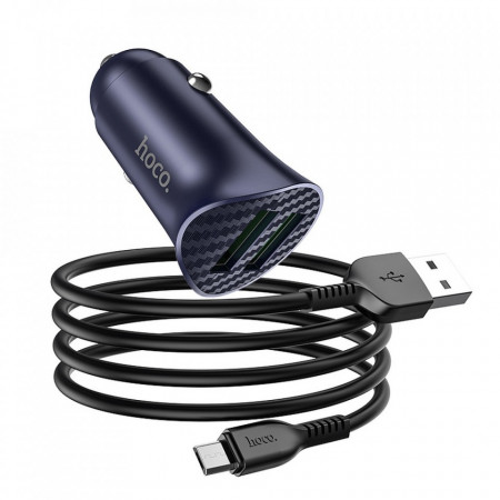 Incarcator auto Hoco Z39 2 x USB QC3.0 18W + Cablu micro USB, Blue