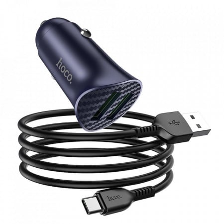 Incarcator auto Hoco Z39 2 x USB QC3.0 18W + Cablu USB type C, Blue