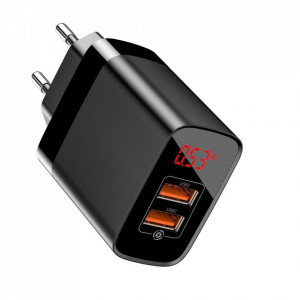 Incarcator Universal Telefon, pentru retea, Baseus Mirror Lake Quick Charger 2 x USB Display, 18W, Black