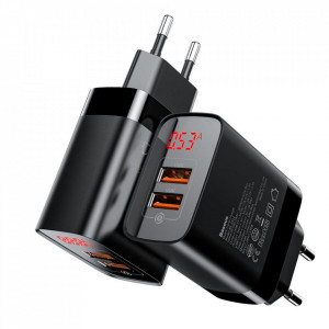 Incarcator Universal Telefon, pentru retea, Baseus Mirror Lake Quick Charger 2 x USB Display, 18W, Black F2