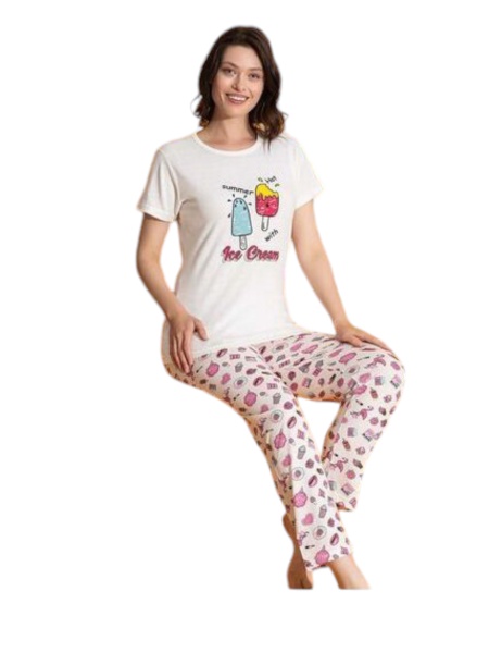 Pijama dama cu maneca scurta si pantaloni lungi model nou cod x5428
