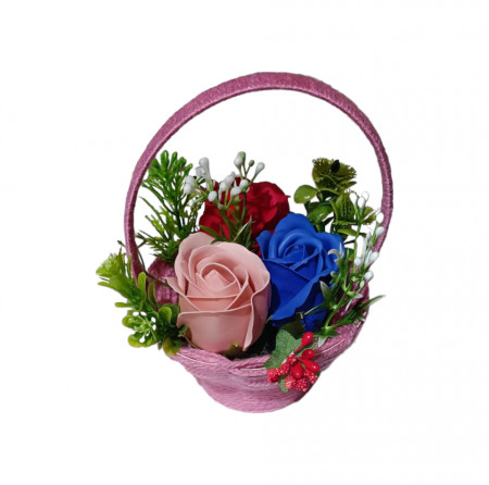 Aranjament floral superb lucrat manual cu 3 trandafiri de sapun X78
