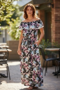 Rochie lunga de vara cu model floral elegant