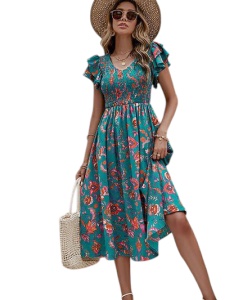 Rochie lunga de vara cu model floral elegant