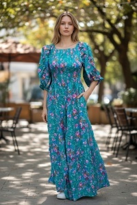 Rochie lunga de vara cu model floral elegant