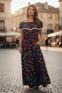 Rochie lunga de vara cu model floral elegant