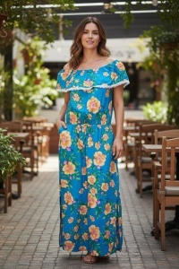 Rochie lunga de vara cu model floral elegant