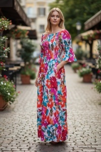Rochie lunga de vara cu model floral elegant