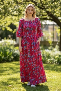 Rochie lunga de vara cu model floral elegant