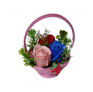 Aranjament floral superb lucrat manual cu 3 trandafiri de sapun X78