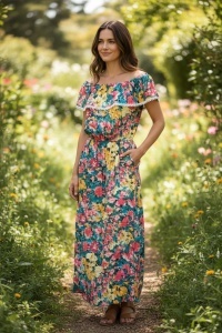 Rochie lunga de vara cu model floral elegant