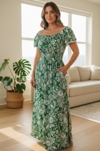 Rochie lunga de vara cu model floral elegant