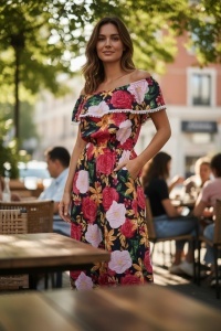 Rochie lunga de vara cu model floral elegant