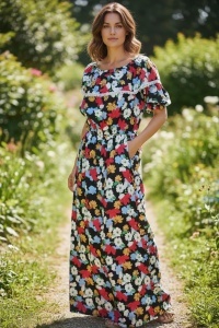 Rochie lunga de vara cu model floral elegant