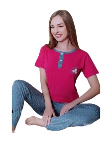 Pijama dama cu maneca scurta si pantaloni lungi din bumbac calitativ cod x2903