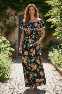 Rochie lunga de vara cu model floral elegant