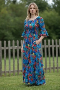 Rochie lunga de vara cu model floral elegant