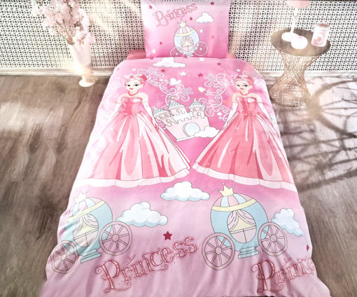 Lenjerie de pat cu 3 Piese pentru pat single, Bumbac Ranforce , Imprimeu printese, roz