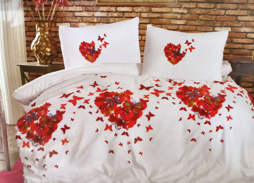 Lenjerie de pat cu 4 Piese pentru pat dublu, Bumbac Ranforce , Imprimeu " Butterfly Heart " alb/roz