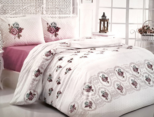 Lenjerie de pat cu 3 Piese pentru pat single, Bumbac Ranforce , Imprimeu floral, alb/roz