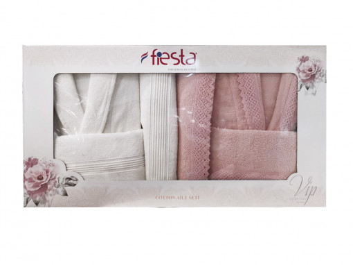 Set baie Fiesta Vip cu dantela decorativa , 100% bumbac, 6 piese - 2 halate + 4 prosoape, culori alb/roz pal