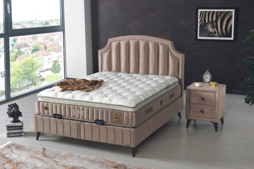 Set Pat tapitat KING, cu saltea si somiera incluse, bej