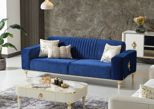 Canapea eleganta, extensibila, Deren, 3 locuri, catifea, albastru, L 227 x A100 x H 83 cm
