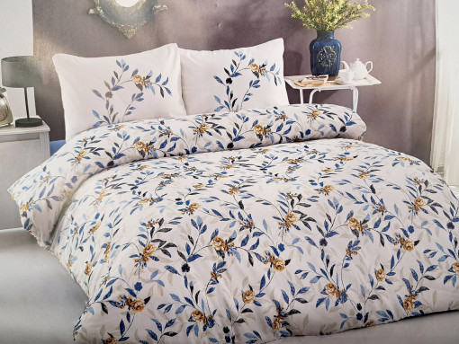 Lenjerie de pat cu 3 Piese pentru pat single, Bumbac Ranforce , Imprimeu floral, alb/bleu