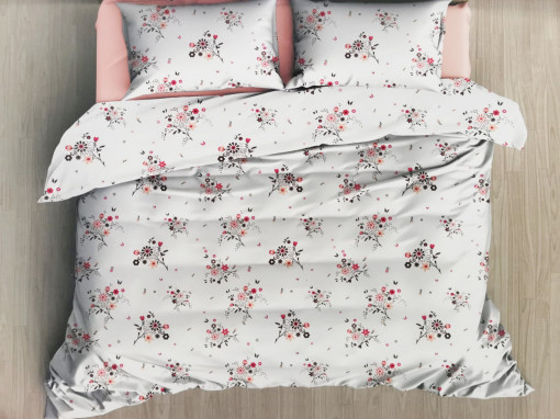 Lenjerie de pat cu 4 Piese pentru pat dublu, Bumbac Ranforce , Imprimeu floral alb/roz corai